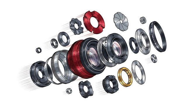 Exploded view of a camera lens showing internal mechanical glass elements