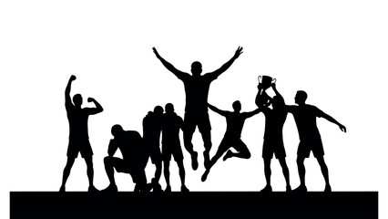 Fototapeta premium Black silhouettes of professional soccer players celebrating championship win with trophy and jumping in joy isolated on transparent background concept art.