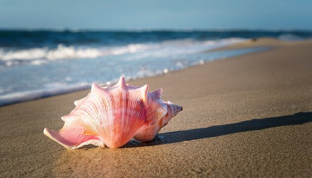 A Beautiful Pink Conch Shell Rests On A Sandy Beach With Gentle Waves Lapping At The Shore Under The Bright Sun