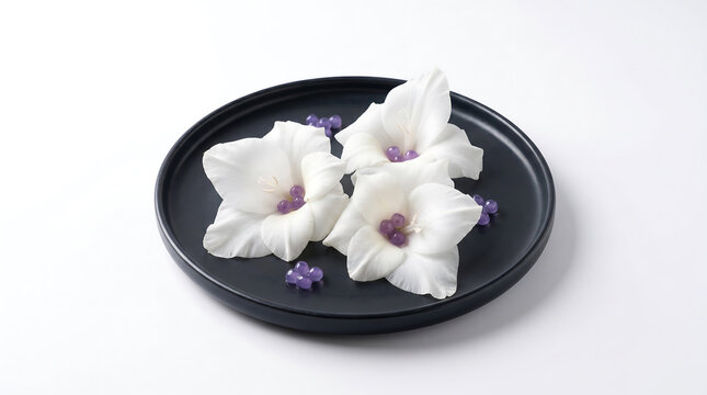 Edible Gladiola Petals with Violet Pearls in Modern Botanical Gastronomy