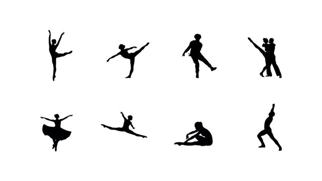 Collection of human figure silhouettes in various dance poses including ballet performance movements athletic grace expressive motion artistic routine.