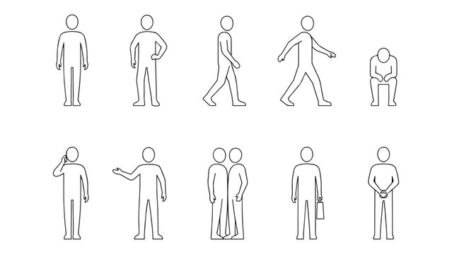 Human figure reference set for top view design projects featuring walking standing and sitting poses of generic character sketches for layout drawings.