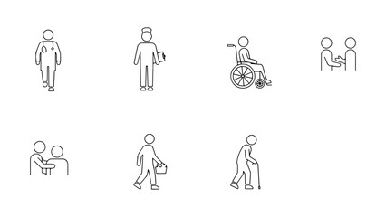 Fototapeta premium Medical personnel patient care and assistance depicted as simple outline icons including doctor nurse wheelchair and elderly person.