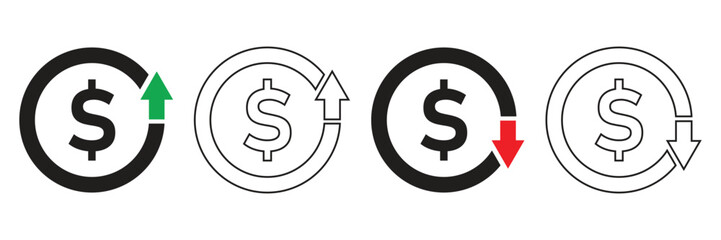 Increase and decrease dollar price sign. Up and down currency value sign. Money rising and decreasing sign vector.  © Umme