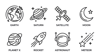 Space Icons: Earth, Saturn, Satellite, Moon, Planet, Rocket, Astronaut, Meteor © Ahmad