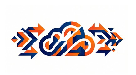 Obraz premium Symmetrical flat vector graphic of cloud data synchronization with abstract geometric arrows and a central cloud element on a white background