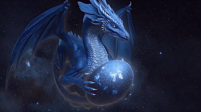 Blue dragon cradles glowing, starry egg against cosmic backdrop