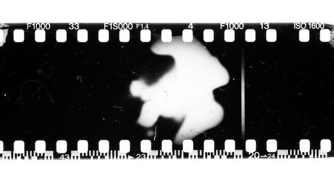 A strip of 35mm black and white photographic film with a single overexposed frame