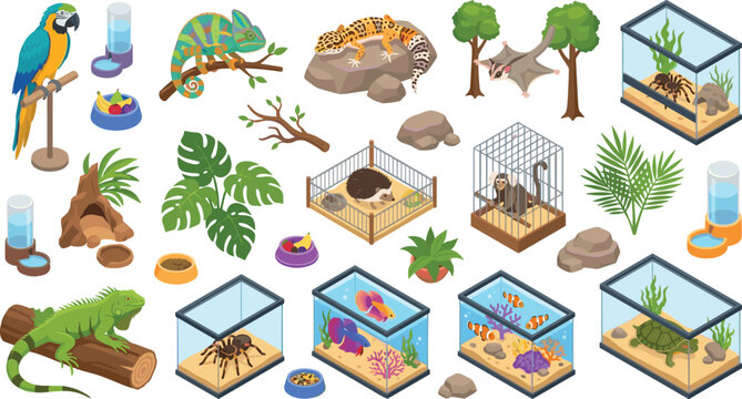 Isometric exotic pets and terrarium elements set with lizard parrot spider hedgehog fish and generative AI technology