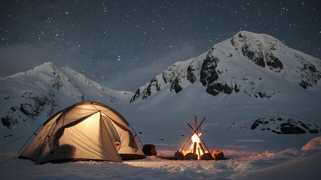 Illuminated tent and campfire in snowy mountains under starry night sky. Seamless looping 4k video background