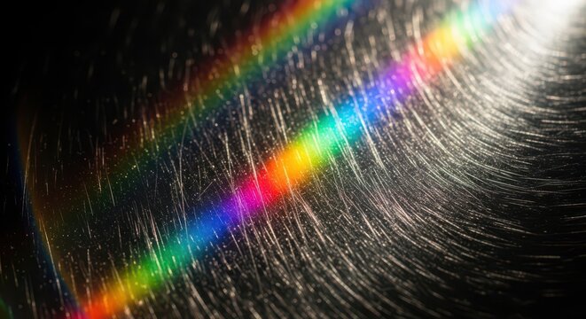 Closeup of a scratched black vinyl record surface with a vibrant rainbow light flare