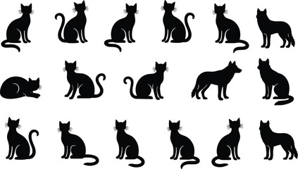 Collection of Black Silhouette Cats and Feline Animals in Various Sitting and Standing Poses, Simple Flat Vector Illustration Set for Logo or Pet Shop Design, Isolated  © RIPON