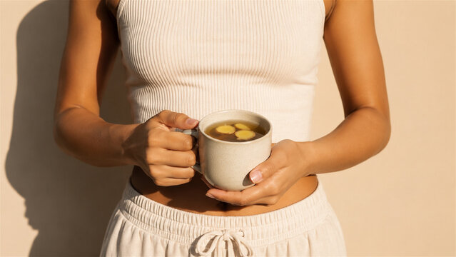 woman holding ceramic mug with hot ginger tea. Healthy lifestyle and wellness concept. Natural morning beverage for immunity boost and detox to promote body health and relaxation