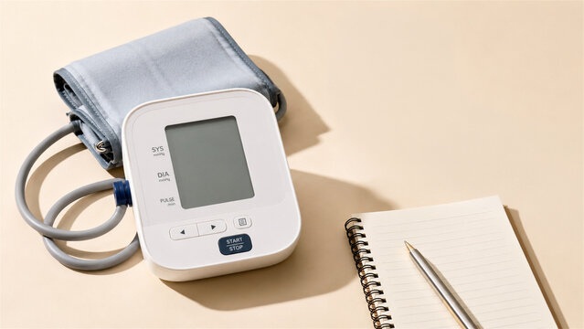 digital blood pressure monitor with cuff and notebook on table. Medical device for checking heart health and hypertension at home. Healthcare diagnostics and wellness monitoring equipment