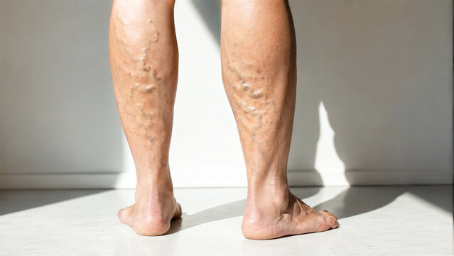 close-up of adult male legs with visible varicose veins on the calves. Medical condition concept