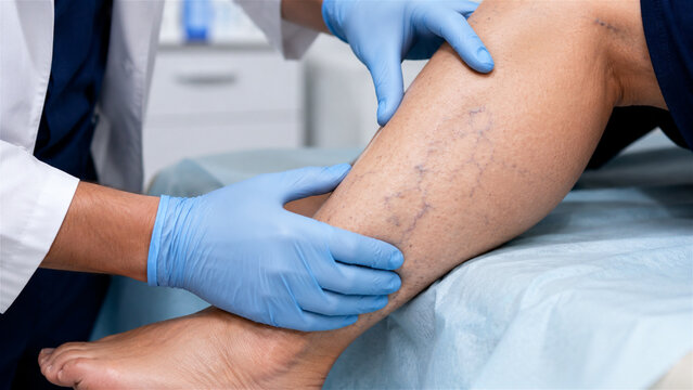 phlebologist examining woman leg with varicose vein. Doctor checking spider vein on patient limb in medical clinic. Venous insufficiency treatment and vascular disease diagnostics