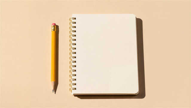 blank spiral notebook with yellow pencil on beige background. Professional business stationery for planning and brainstorming. Minimalist design for office work or student creative study