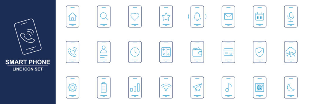 Minimalist Smartphone outline icons set with editable stroke. featuring icons of various Smartphone function and notifications. thin linear illustration. messaging, calls, music and utilities