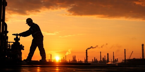 Fototapeta premium Silhouette of an industrial worker turning a valve at an oil refinery. Male engineer working on a pipeline platform against a vibrant orange sunset sky