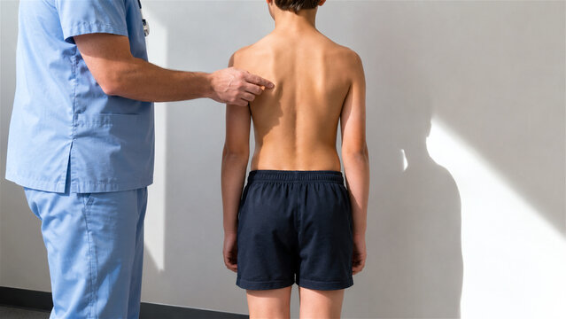 doctor examining child back for posture and scoliosis check. Orthopedist evaluating spine alignment of boy in medical clinic. Preventative health screening and pediatric diagnostic exam