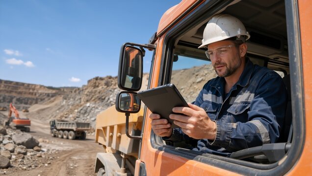Mining truck driver using a digital tablet in the cab. Professional worker in hard hat at an open pit mine. Industrial logistics and technology concept