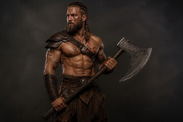 Obraz premium Barbarian warrior holding battle axe in studio setting