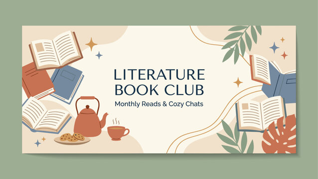 Literature Book Club Banner with Cozy Reading and Tea Time Flat Vector Illustration