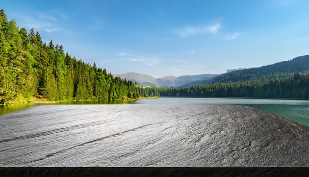 Empty Large Flat Rock Mockup Surface With Evergreen Pine Tree Forest And Mountains Around A Lake Background