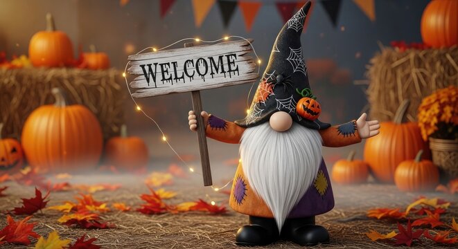 Festive halloween day gnome with welcome sign and pumpkins autumn holiday decoration concept