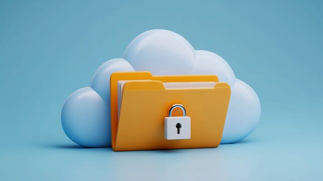 Secure cloud storage for your important files with a folder and padlock, ensuring data protection and privacy in the digital age, accessible from anywhere with peace of mind