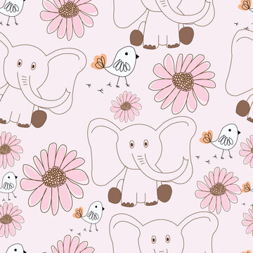Seamless pattern, Cute animals with elephant, bird and flower isolated on pale pink background.