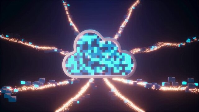 Glowing blue pixelated cloud, neon light beams, futuristic network