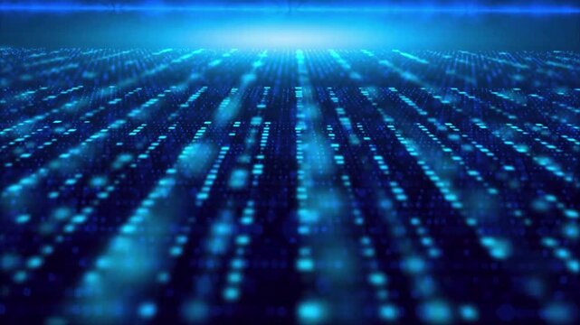 Digital data streams flow through a dark virtual space
