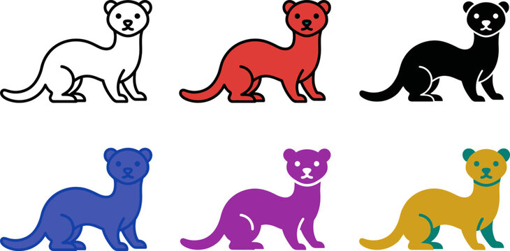Collection of colorful ferret icons in different styles and colors  simple animal designs