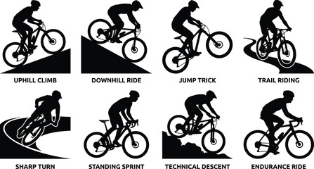 Fototapeta premium Set of cycling silhouette vector illustrations featuring uphill climb, downhill ride, jump trick, trail riding, sprint, and endurance