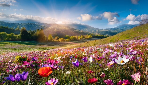 Blooming Field Of Colorful Flowers In Spring Spring Campo Di Fiori Vibrant Blossoms Meadow Seasonal Beauty Nature Flora