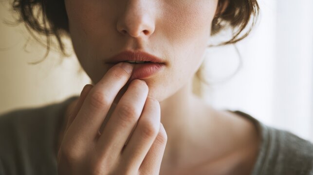 Intimate portrait of a woman with dry lips and a lip-picking habit, conveying anxiety in a quiet private setting