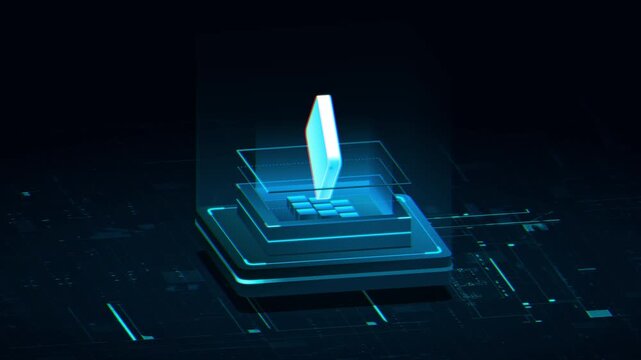 Isometric microchip platform with a floating glowing diamond card symbol illuminates a dark cyber security database network in a detailed 3D render