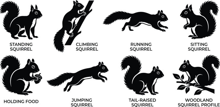 Set of squirrel silhouette vector illustrations featuring standing, climbing, running, sitting, holding food, jumping, tail‑raised, and woodland profiles
