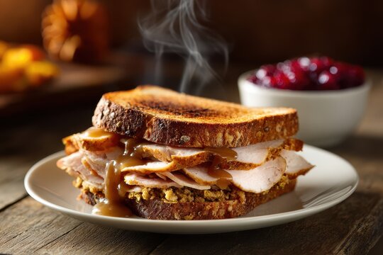 Steaming turkey sandwich with savory gravy and stuffing in a cozy autumn kitchen