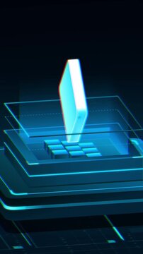 Glowing electronic token floats vertically over an illuminated computer processor base in a dark isometric cyber technology visual effect