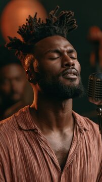 Male singer emoting while performing on small studio stage. Jazz Appreciation Month