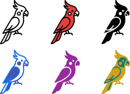 Colorful parrot bird icons in different colors on white background
