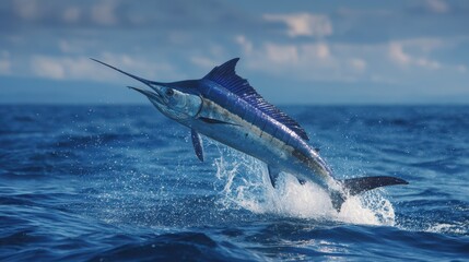 Fototapeta premium Dynamic wildlife shot of a blue marlin arcing from the water