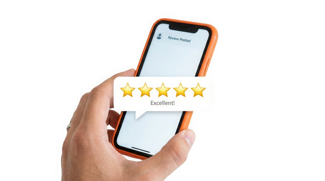 hand holding smartphone with five gold star rating and excellent review text box on screen, client testimonial.