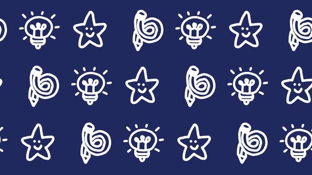 Seamless pattern of hand-drawn idea light bulbs, curved pencils, and smiling star icons on a dark blue background for creative education wallpaper, artistic copywriting, and brainstorming backdrop.