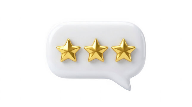 White speech bubble with three gold stars on transparent background symbolizing rating feedback and review.