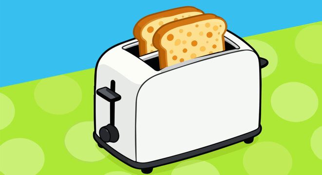 White toaster, kitchen appliance, toast, breakfast, cartoon style