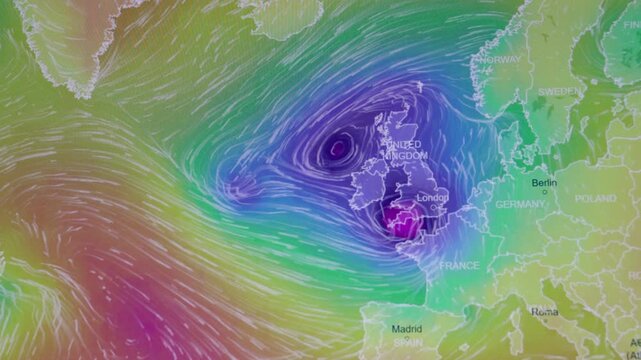 Low Pressure System Approaching Western Europe storm UK France camera shot of computer screen pixels visible