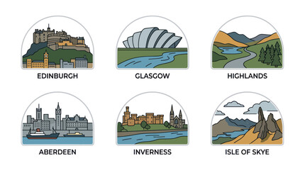 Scotland Travel Icons: Edinburgh Castle, Glasgow Hydro, Highlands, Aberdeen, Inverness, Isle of Skye © ati